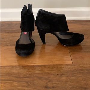 Pink. studio black suede cutout ankle bootie